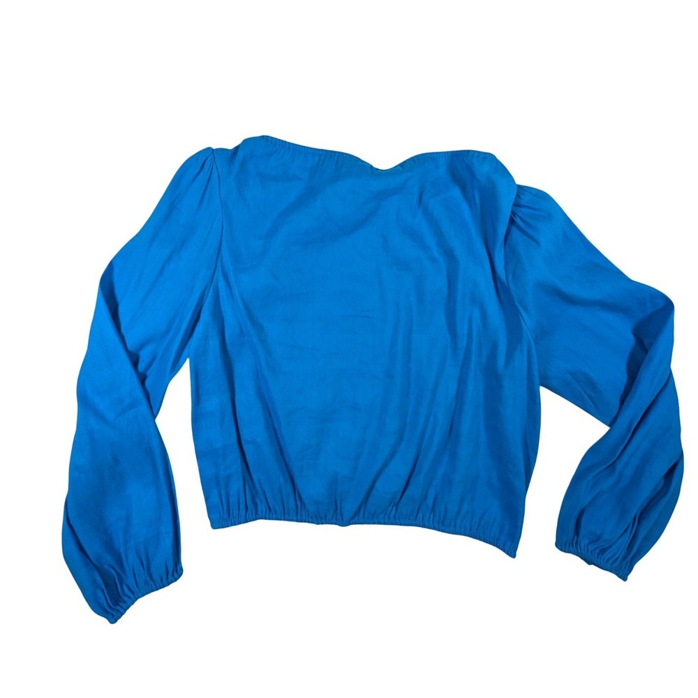 Gianni Bini Blue Linen Blend Puff Sleeve Cropped Tie Front Blouse NWT Medium - Picture 2 of 8